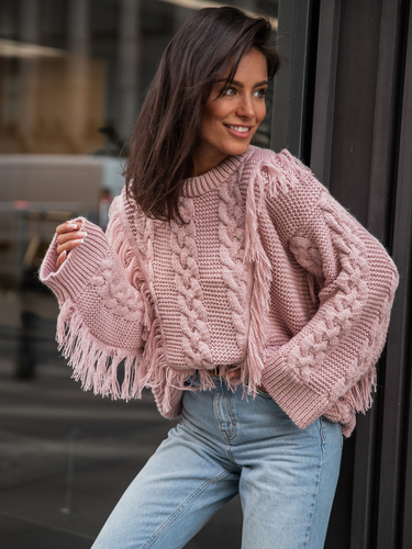 Oversize kabelový pletený svetr s třásněmi růžová špinavá K275