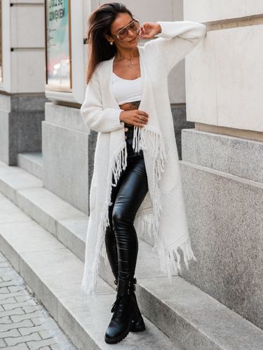 Vlněný kardiganový svetr s třásněmi bílý S155