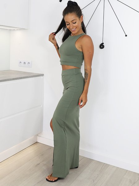 Bavlněná Tepláková Souprava Top + Maxi Sukně | khaki X94