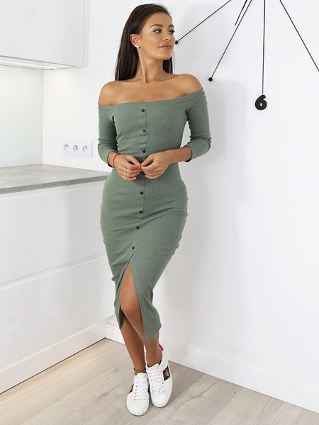 Dlouhé Bavlněné Šaty Maxi Button-Down | khaki X103